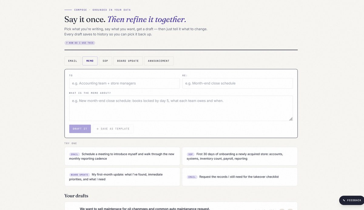 Compose tool with email, memo, SOP, board update, and announcement tabs that drafts in the executive's voice