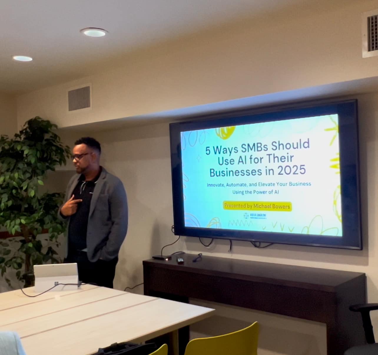 Michael Bowers presenting 5 Ways SMBs Should Use AI for Their Businesses in 2025